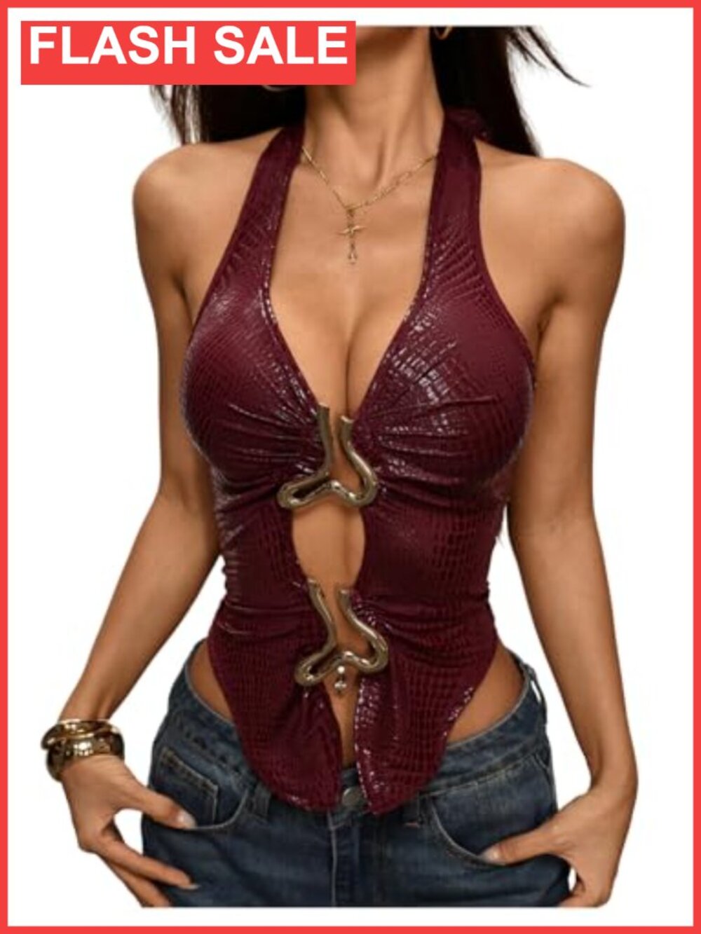 Floerns Crocodile Leather Gothic Halter Top Metal Ring Open Back